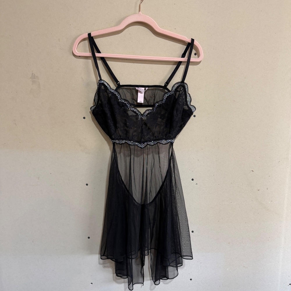 Victorias Secret Black Lace Sheer Mesh Babydoll Chemise Lingerie Large